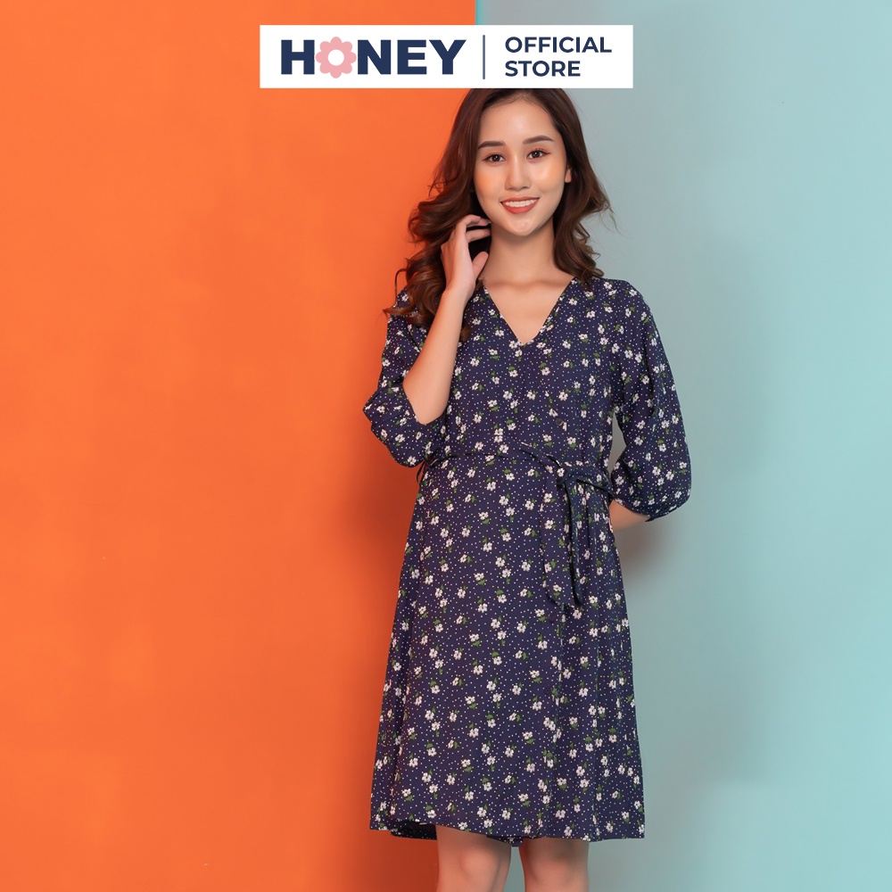 Váy bầu bầu công sở, thắt nơ tạo kiểu họa tiết hoa nhí, nhiều size - Thời trang đầm bầu cao cấp HONEY