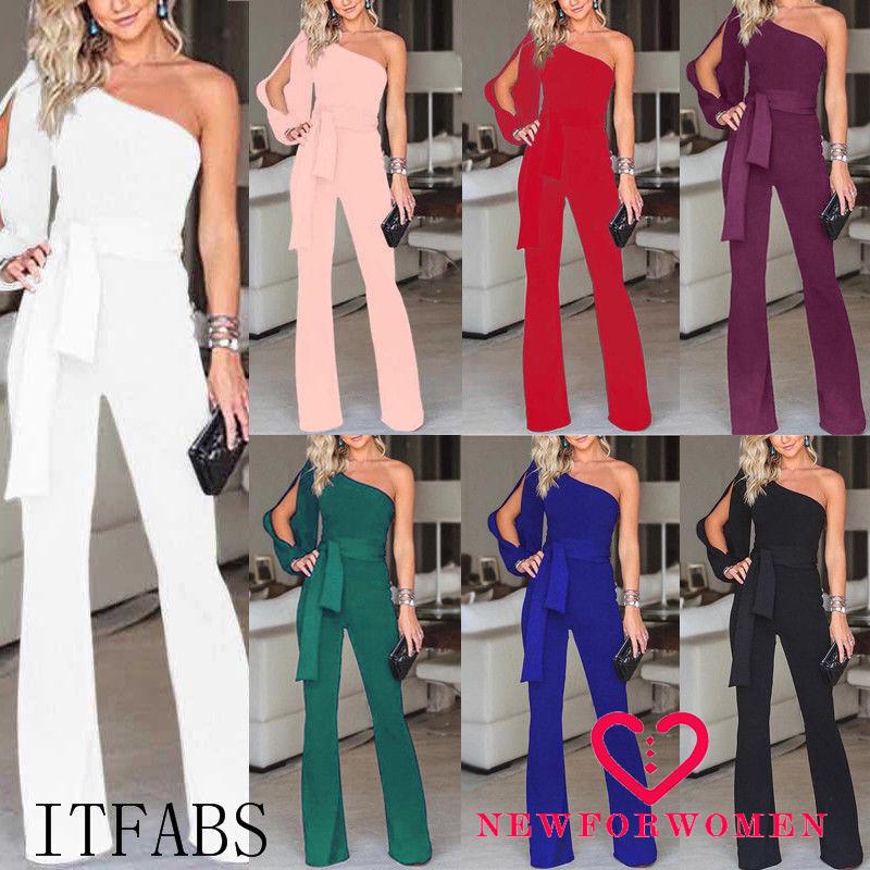 NFW♥Women One-Shoulder High Waist Lace Up Slim Loose Long Trousers Jumpsuit Playsuit Set