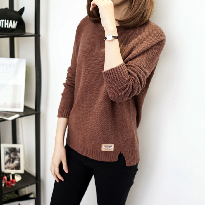 SUXI Áo dệt kim tay dài màu trơn thời trang cho nữ