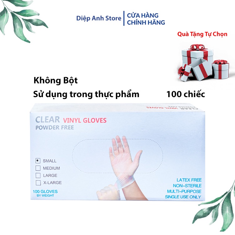 Găng tay Vinyl Không Bột Trong Suốt dùng trong thực phẩm, vệ sinh, Hộp 100 chiếc