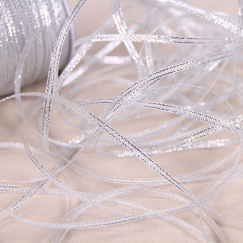 25Yards 6mm Silver Gold Glitter Silk Satin Ribbon Party Home Wedding Decoration Gift Wrapping Christmas Halloween DIY Material