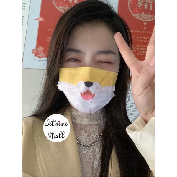 Khẩu trang in hình mặt mèo, thỏ, gấu, heo - Túi 10 cái