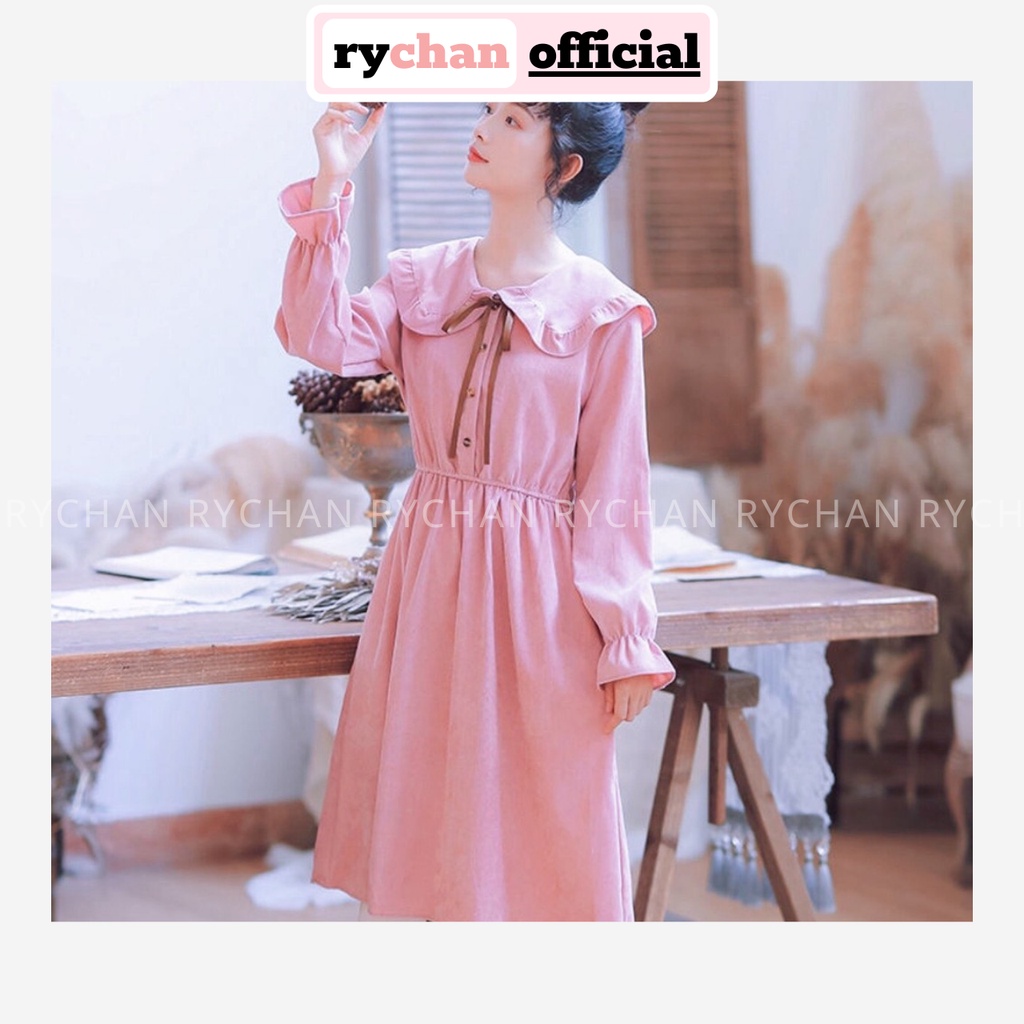 [Ulzzang] Đầm Xòe Babydoll Hồng Nơ Cổ Nhún Eo Tay Dài - DX939
