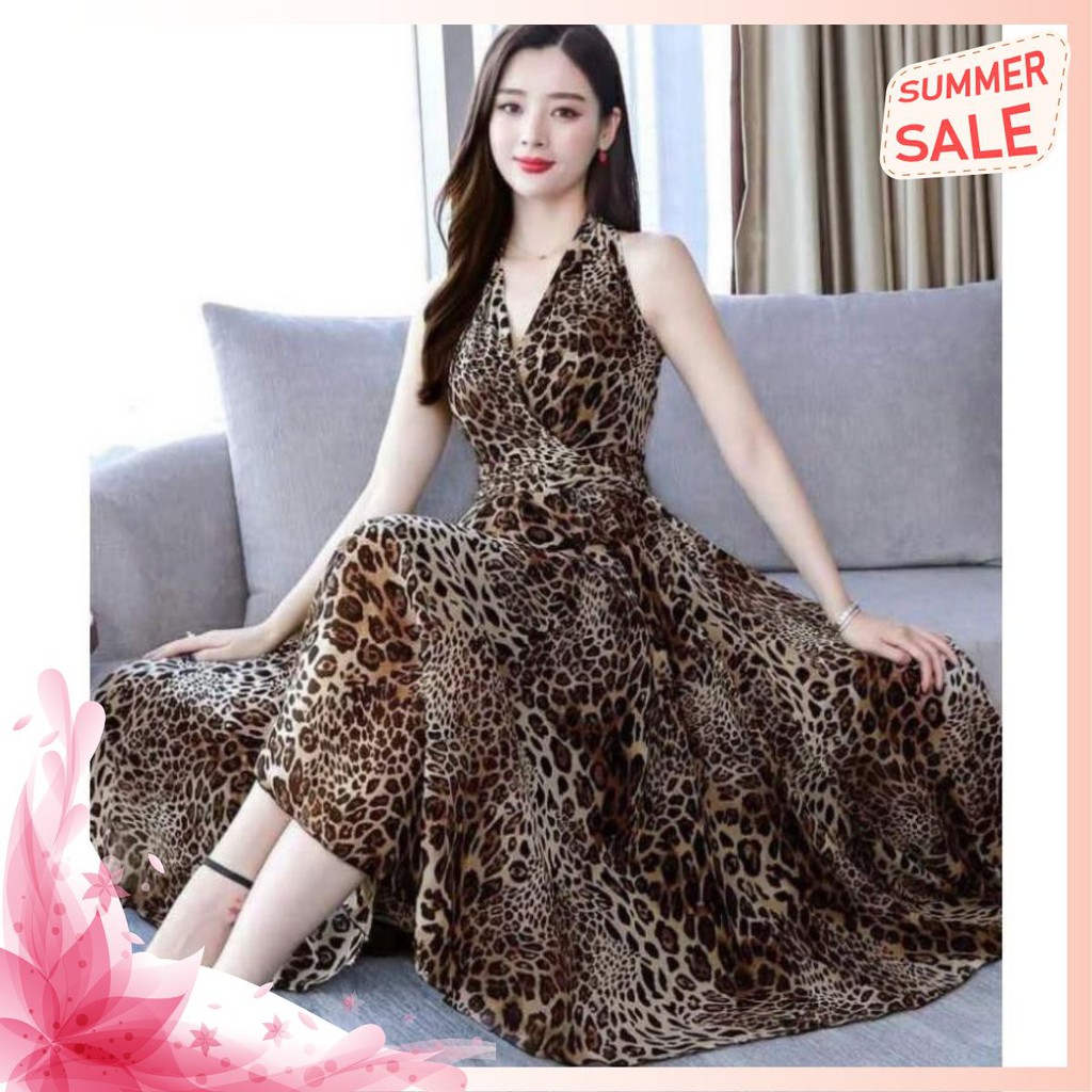 Đầm Xoè Da Báo Cổ Dắp Chéo - Váy Maxi Đi Biển, Đi Dạo Voan Lụa Nhập 2 Lớp Cho Nàng Yêu Kiều Quảng Châu