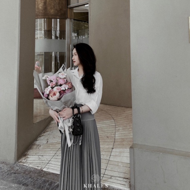 Chân váy xếp ly midi KHALES vải tuyết mưa loại xếp nhỏ 3 màu xám, nâu và đen