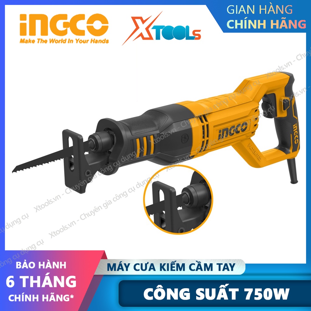 Máy cưa kiếm cầm tay dùng điện INGCO RS8008 750W kèm 2 lưỡi điện thế 220V khả năng cắt gỗ 115mm, sắt thép 8mm, nhôm 12mm