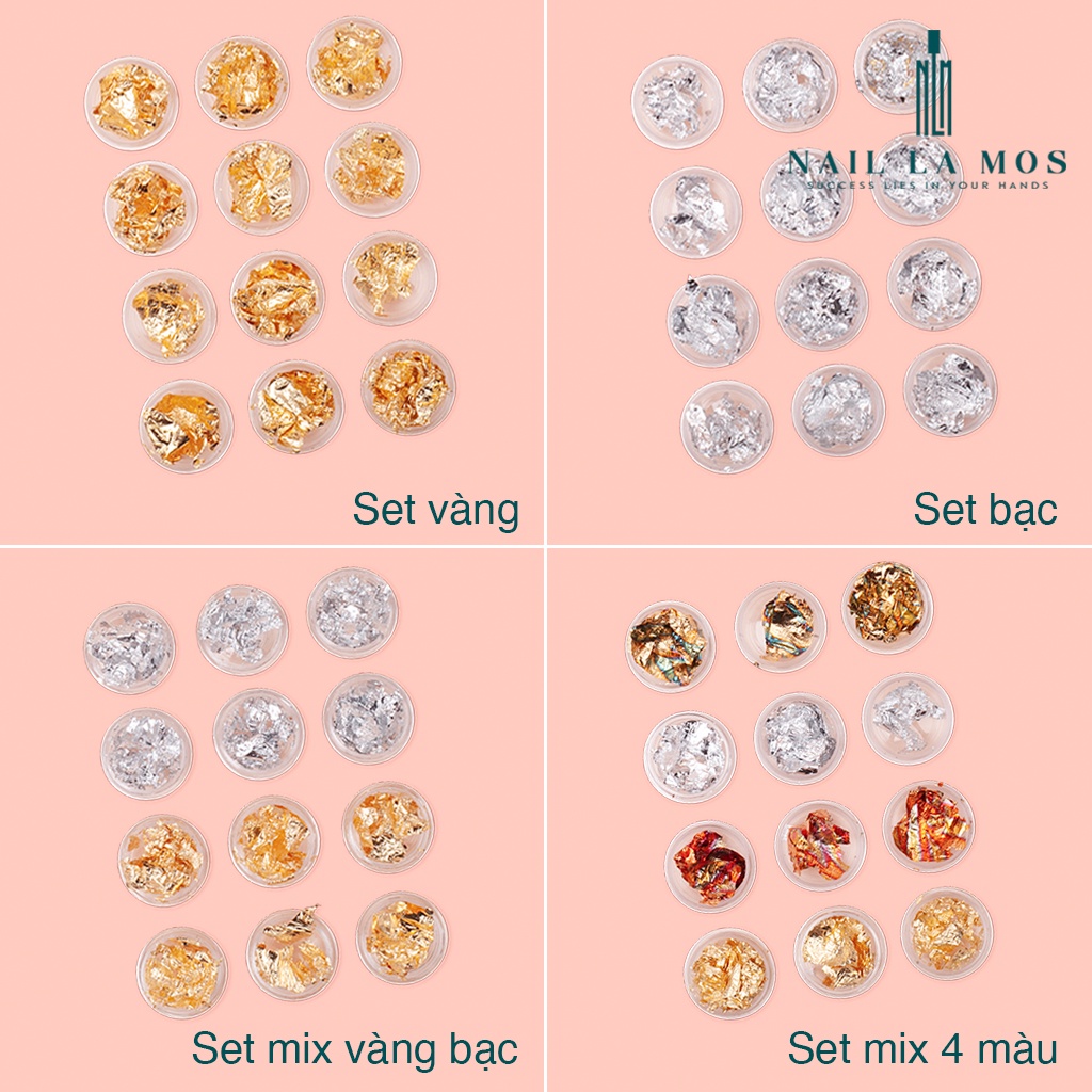 Set giấy bạc trang trí móng tay – giấy bạc nail 12 hũ gồm các màu thông dụng nhất dễ phối