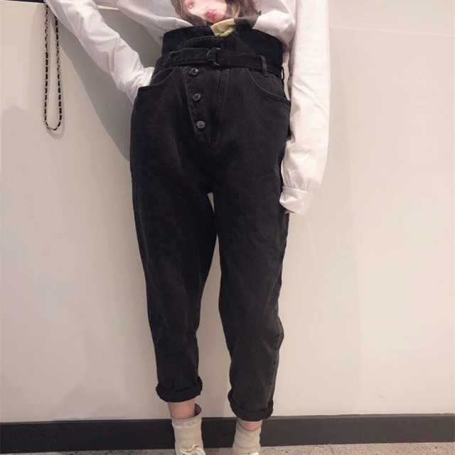 (Order) có bigsize Quần cúc lệch phối belt dáng boy xắn gấu