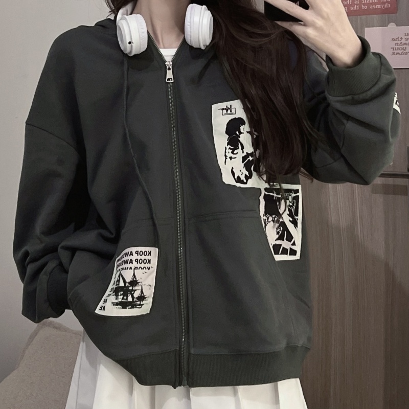 Áo hoodie ZHELIHANGFEI dài tay dáng rộng phong cách retro Mỹ