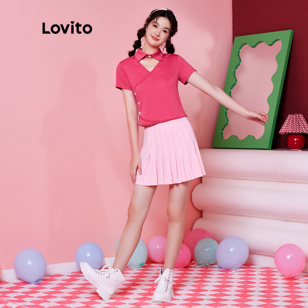 Áo thun (Lovito Exclusive) DOPAMINE GIRLS Đơn giản Cut Out Collar Polo Preppy L28AE024 (Đỏ hồng)