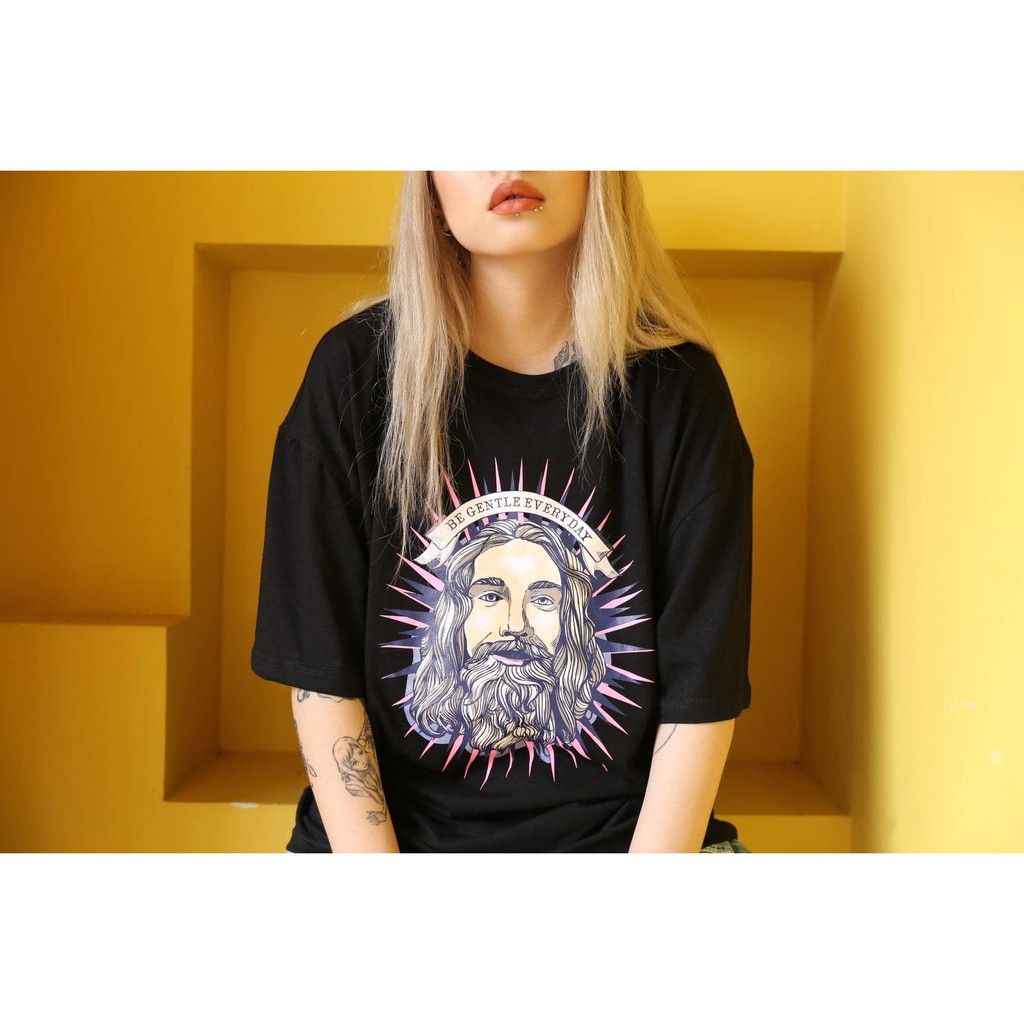 MACARON-Áo thun tay lỡ dáng rộng 100% cotton Jesus