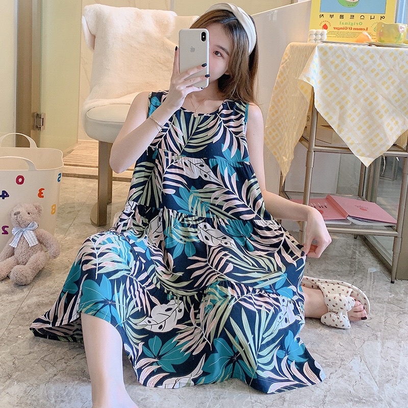 Váy ngủ, váy mặc nhà, váy bầu lanh lụa sát nách mềm mịn, nhẹ mát freesize rộng rãi