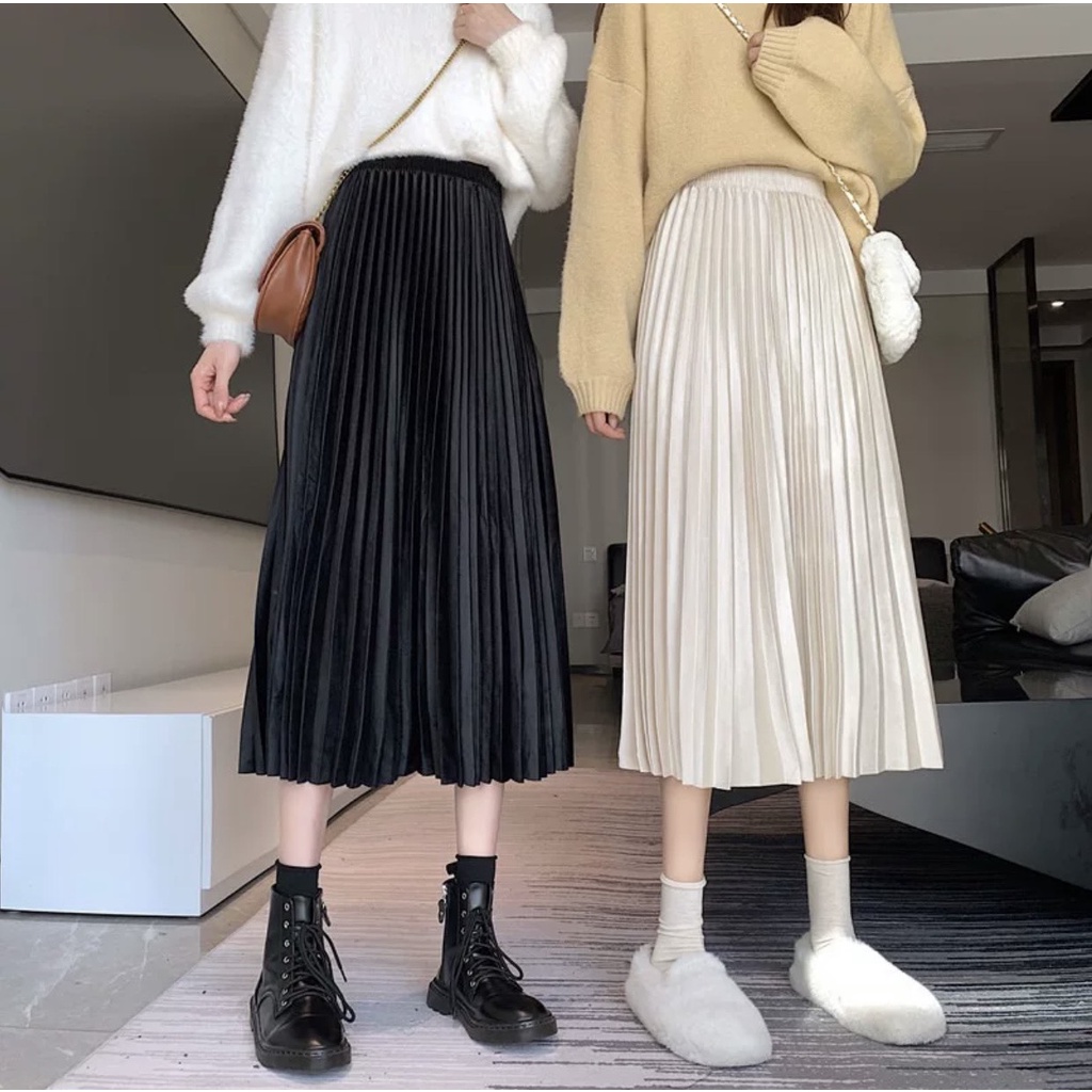 [Ảnh thật/Sẵn] Chân váy xếp li trơn dáng dài cap chun - Chân váy midi cạp cao basic