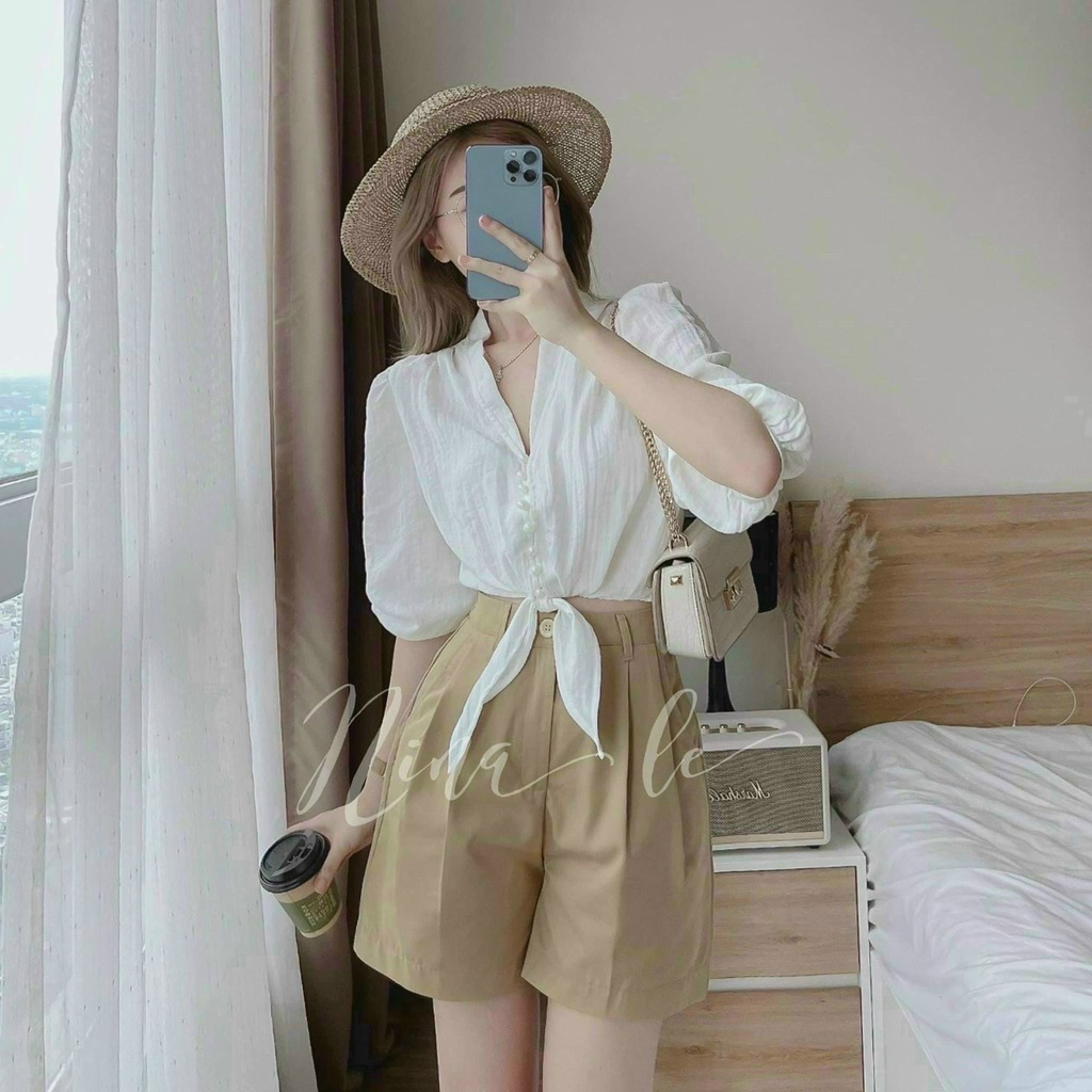 (Sale FreeShip) Sét đùi nữ đi chơi,áo sơ mi from croptop cột nơ cá tính mix quần sọt có túi,lên from chuẩn