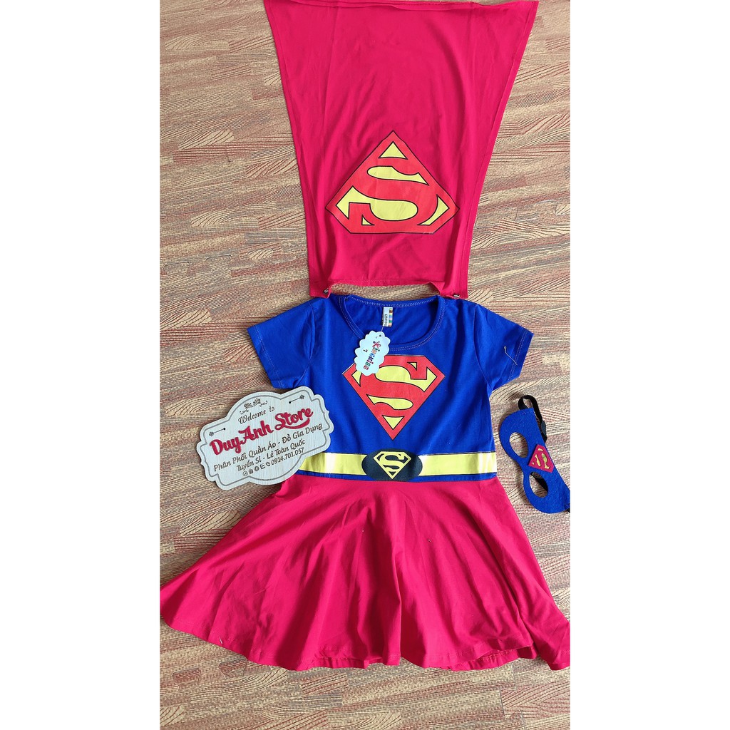 Sét váy siêu nhân anh hùng 3 chi tiết váy, áo choàng, mặt nạ màu xanh chất cotton  4c cho bé gái