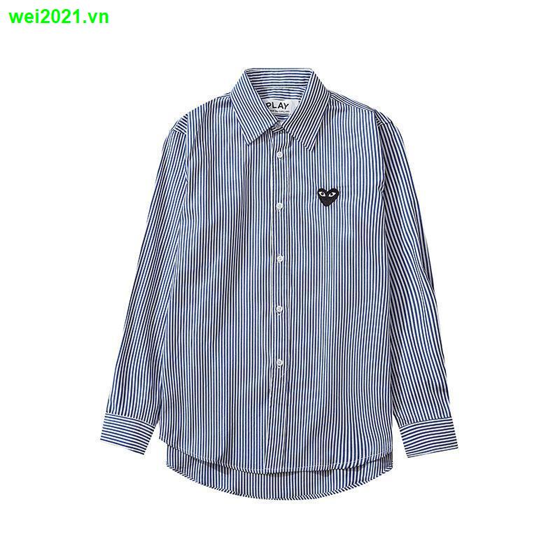 Áo sơ mi tay dài kẻ sọc thêu hình trái tim màu đen phong cách Nhật Bản thời trang cho nam