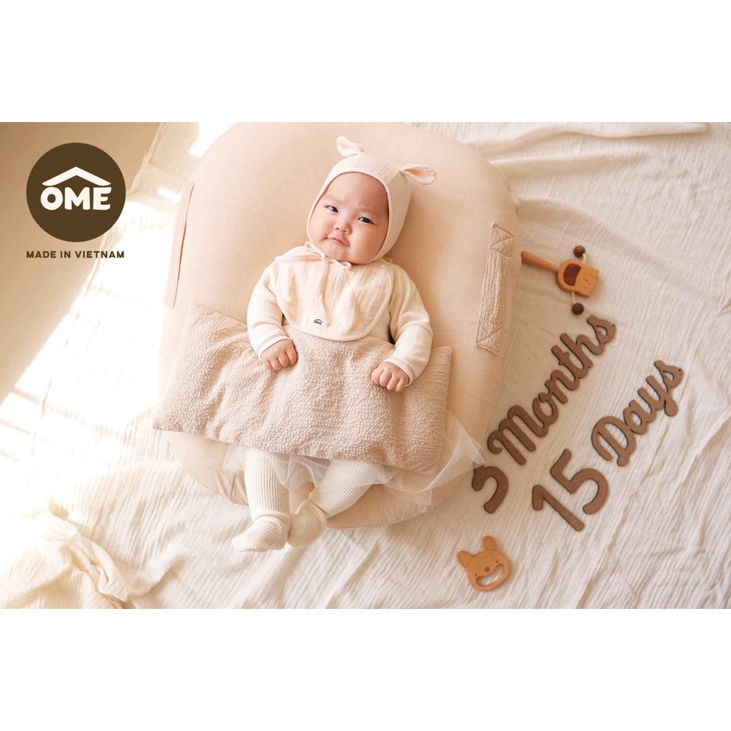 Set Mũ Yếm Tai Gấu Vải Bambo Vải Xô Thoáng Khí Siêu Xinh Cho Bé