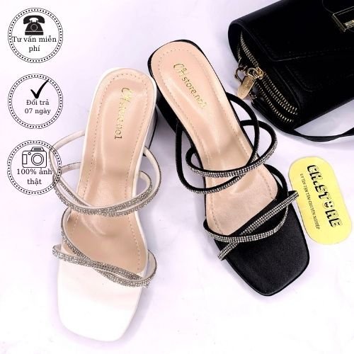 Sandal cao gót, dép nữ quai dây đính hạt xoàn đế vuông - Mã H07