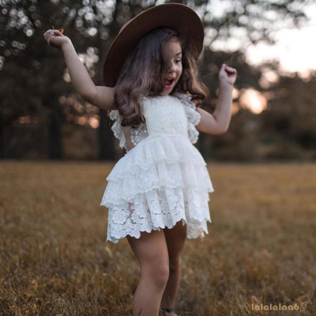 LAA6-Toddler Summer Lace Square Neck Ruffled-Sleeve Backless Jumpsuit for Baby Girls, 0-24 Months