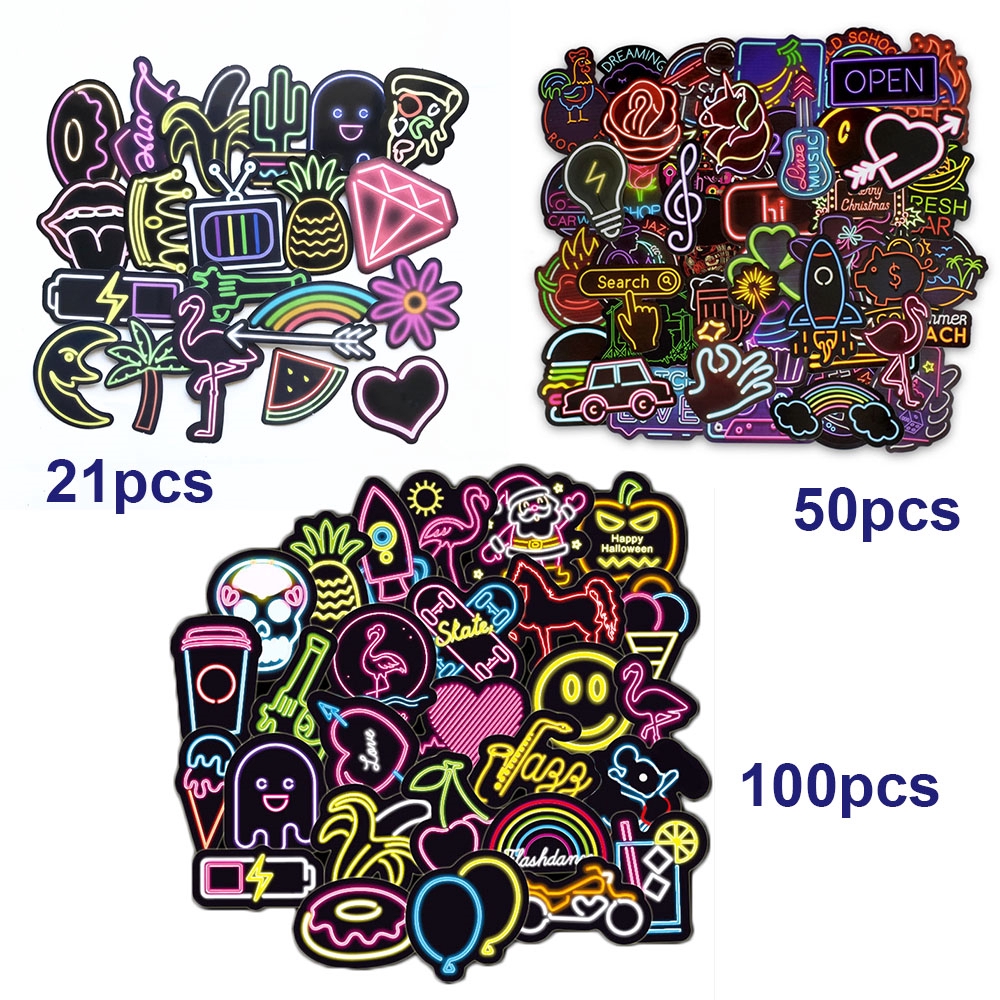 21/50/100pcs no repeating Stationery Vinyl PVC Luggage Decor DIY Craft Photo Laptop Neon Light Stickers