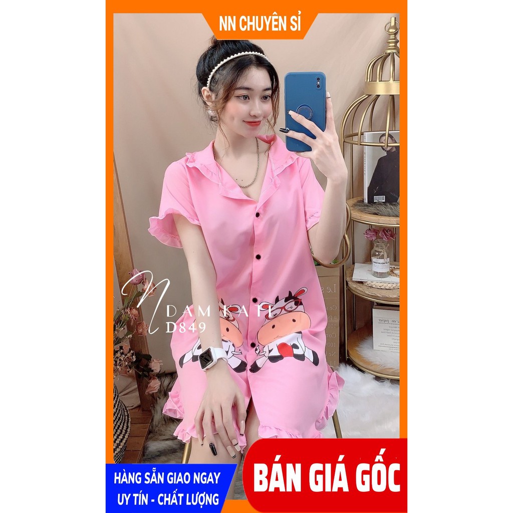 Đầm ngủ nữ phom 55kg Đầm kate in hình cực xinh D849 Ảnh thật Đầm ngủ nữ