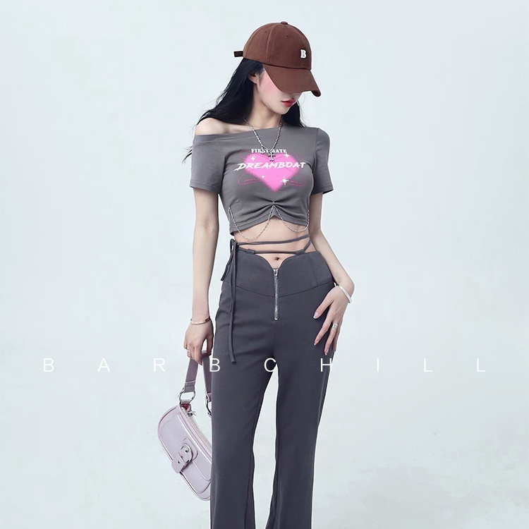 COZOK Áo Croptop Trễ Vai Tay Ngắn Hoạ Tiết Trái Tim Phong Cách Vintage