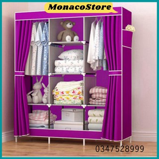 Tủ quần áo 3 buồng 8 ngăn kt 1.3m*1.7m*45cm vải trơn khung inox - MonacoStore