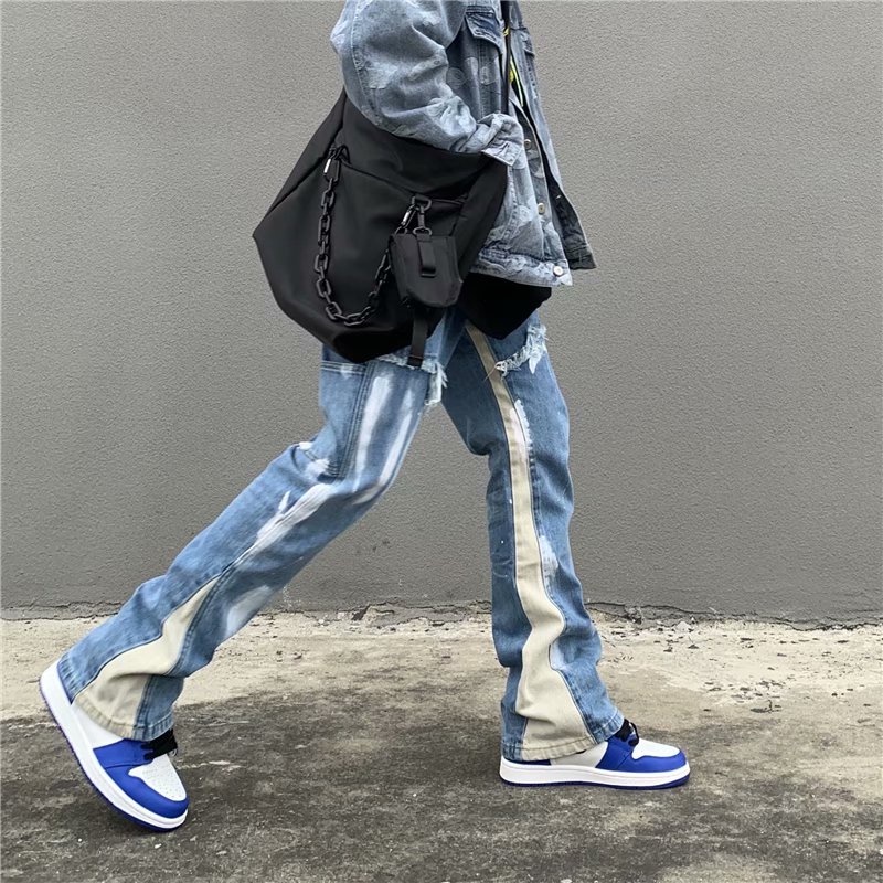 Quần Jeans ống rộng loang màu phối ống cách điệu, Quần Jeans nam phong cách Streetwear