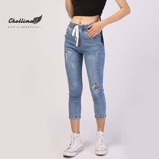 Quần jeans nữ lưng thun Chollima thêu mèo QD020 - Quần bò 9 tấc lưng thun