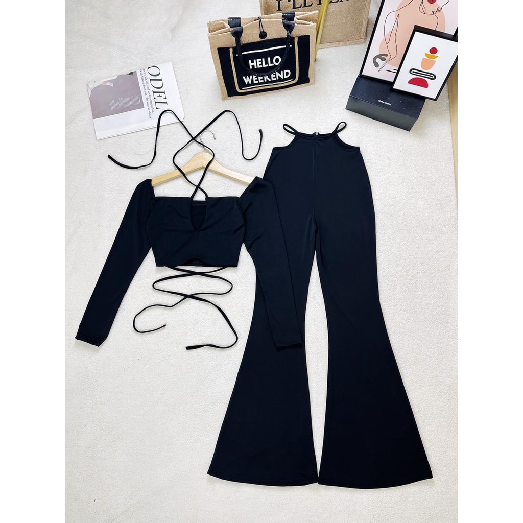 SÉT ÁO ĐAN DÂY CỔ YẾM + QUẦN ỐNG LOE MÀU ĐEN SIÊU SANG CHẢNH SEXY M020