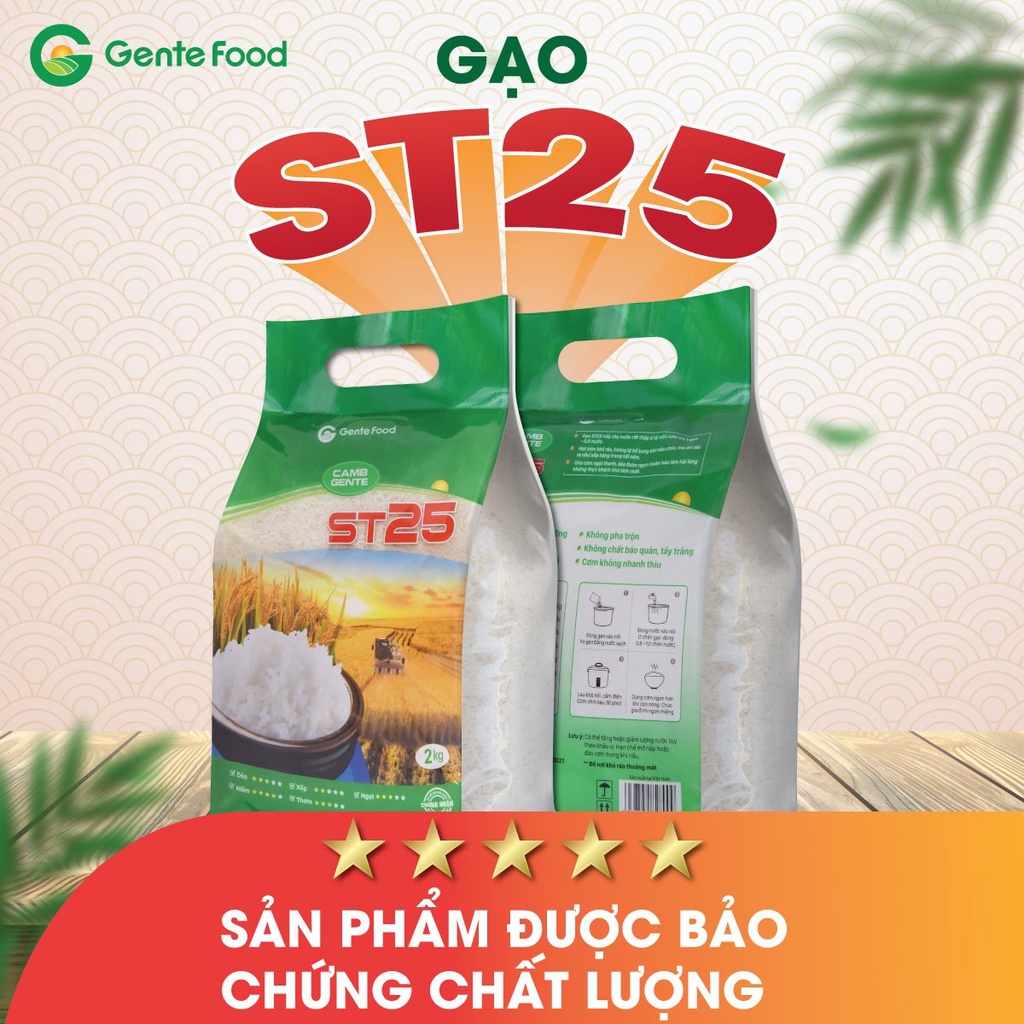 Gạo ST25 | CHÍNH HÃNG |Gente Food Túi 2kg Thơm, Dẻo, Ngon Cơm