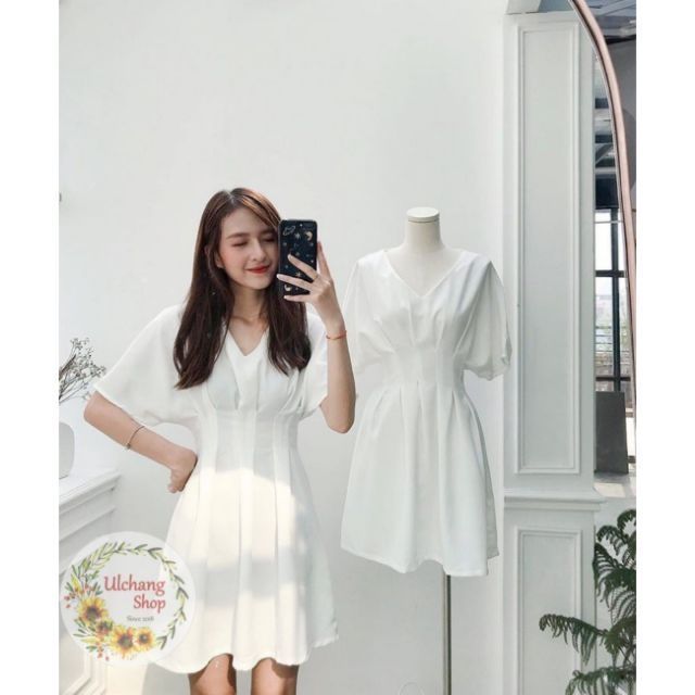 [Ảnh thật]_Đầm trắng eo xếp li dự tiệc form ngắn | BigBuy360 - bigbuy360.vn