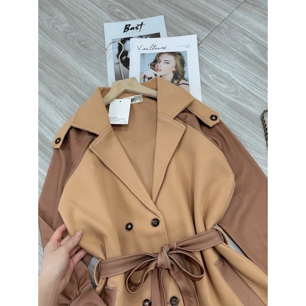 Áo măng tô thời trang, màu kem phối tay nâu KTVYSHOP