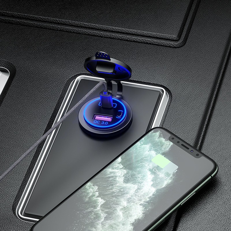 Củ sạc nhanh QC3.0 USB Type C PD 12V 24V chống thấm nước với công tắc nguồn cho xe tải/xe máy/thuyền SUV ATV