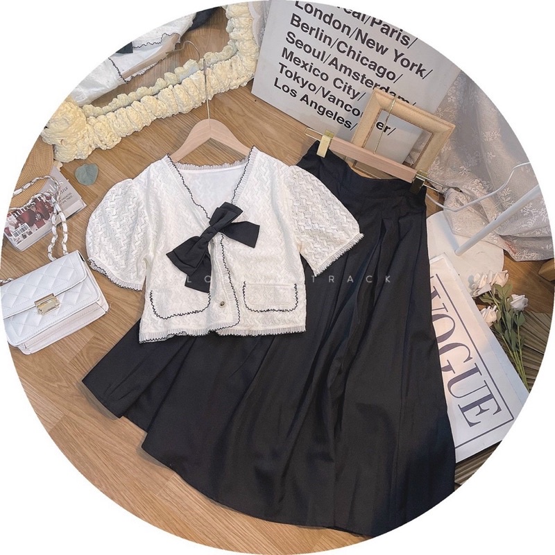 SET ÁO REN CROPTOP + CHÂN VÁY MIDI ĐEN