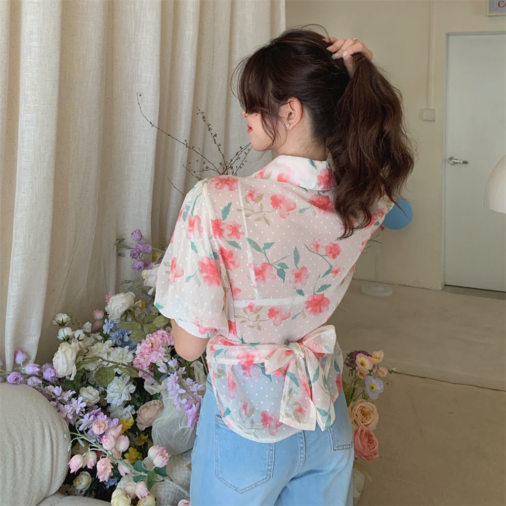 Áo Hoa Tay Ngắn Thắt Nút Chéo Phong Cách Hàn Quốc Trẻ Trung