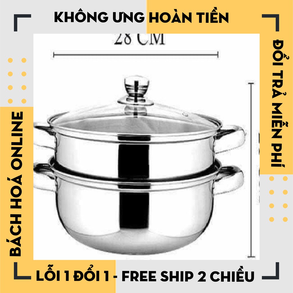 [Hàng Loại 1] Nồi hấp inox 28cm - nồi hấp đa năng 2 tầng cao cấp nắp kính