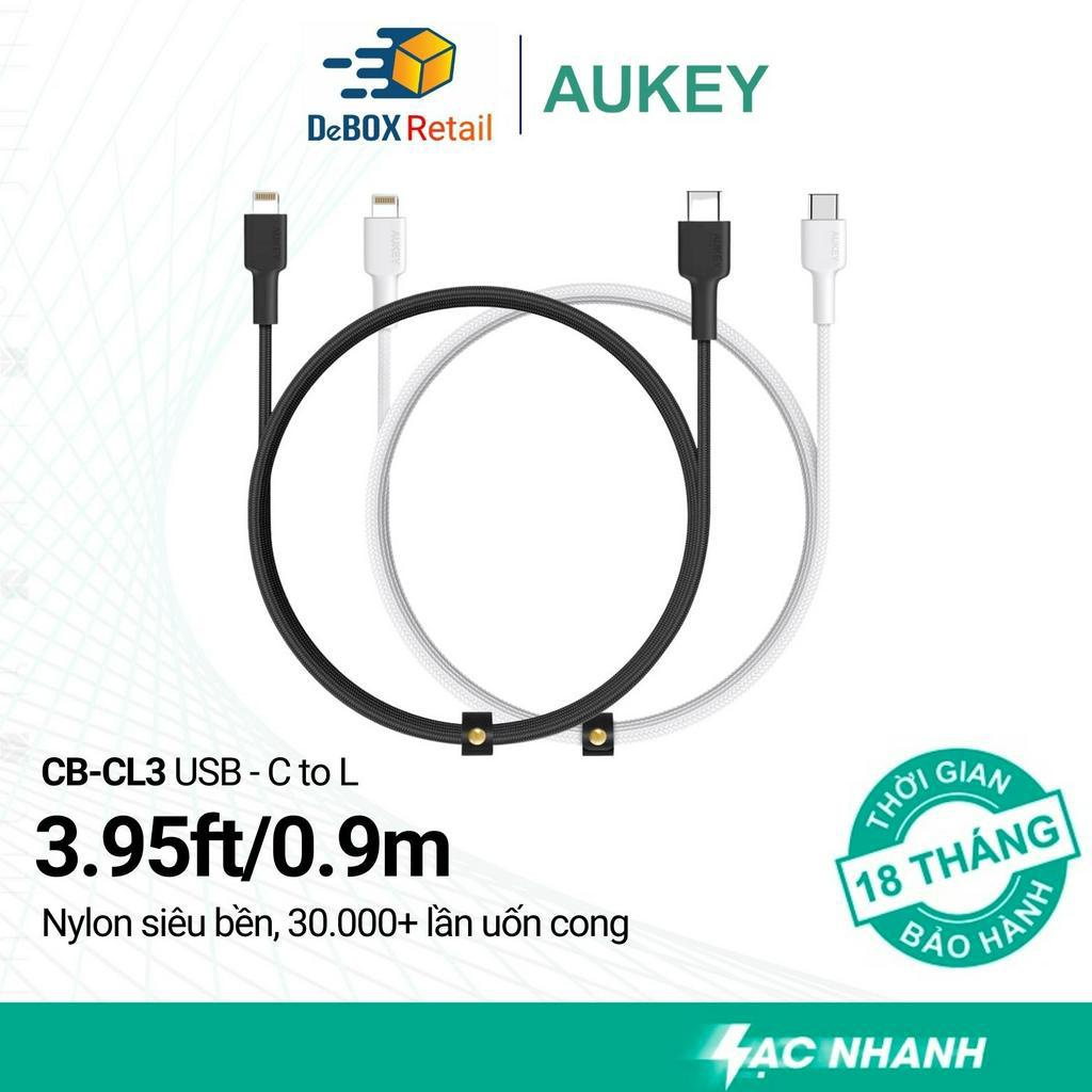 Cáp Sạc Nhanh AUKEY CB-CL3 MFi USB C to L dài 0.9m, Chất liệu Nylon, Hổ trợ sạc PD 22,5W - Hàng Chính Hãng