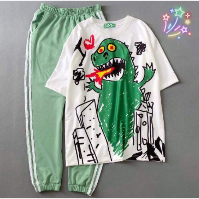 Set áo khủng long + quần thun xanh 2 sọc unisex
