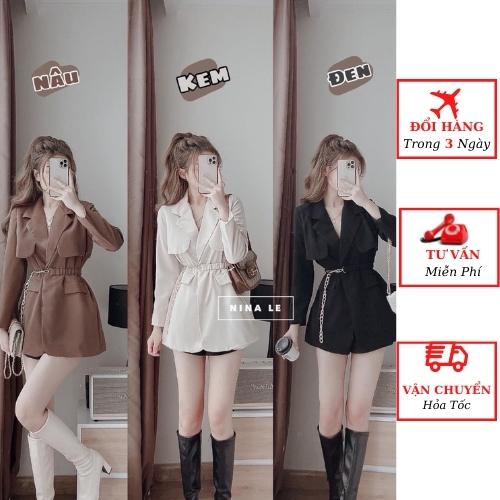 Áo vest blazer nữ dáng măng tô Hàn Quốc 2 lớp kèm dây đai xích công sở yolo fashion