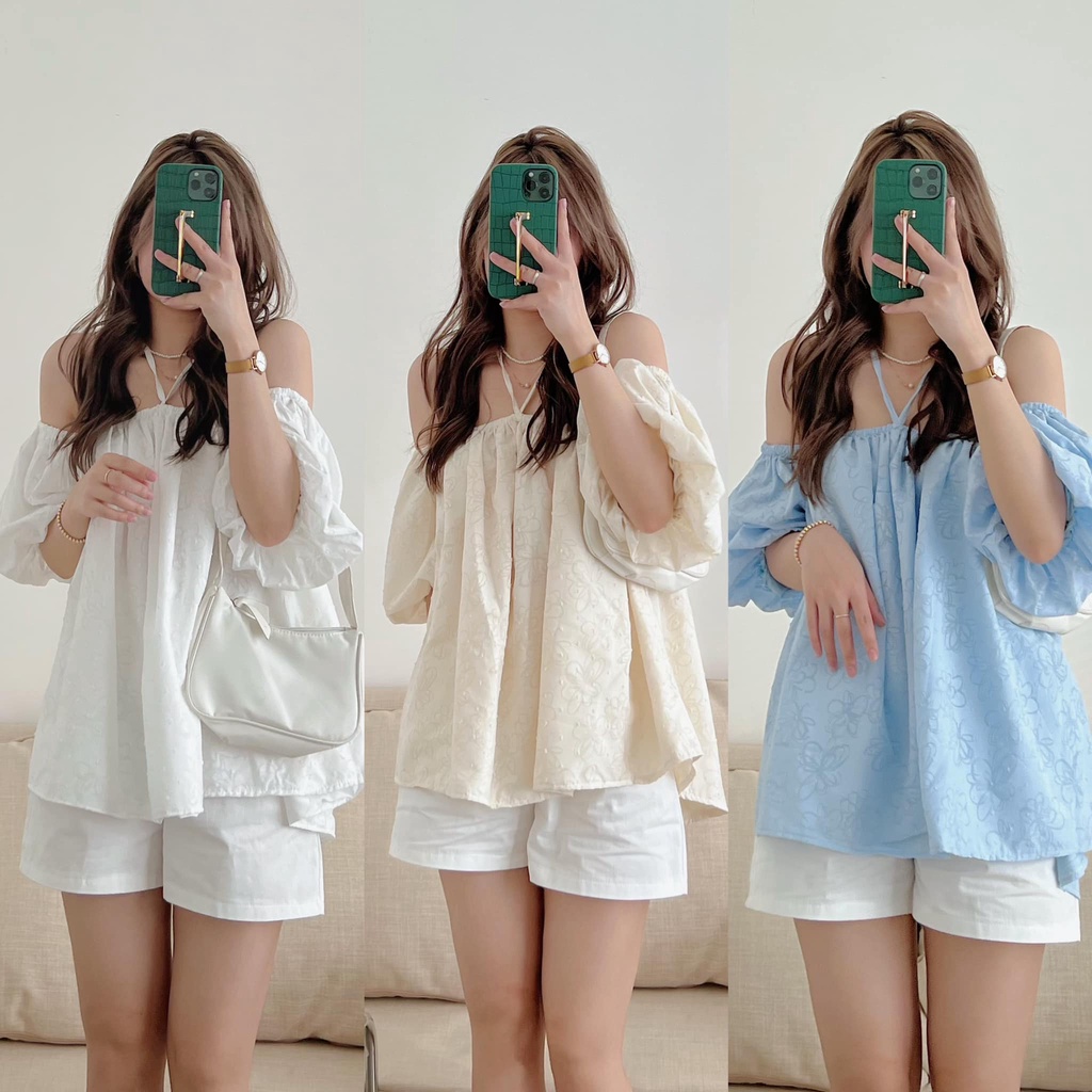 Áo trễ vai hoa nổi chấm bi 2 lớp buộc dây cổ ulzzang
