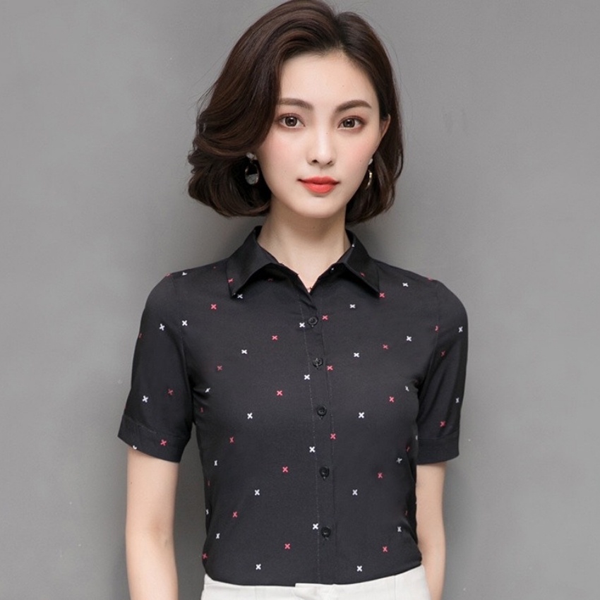 Áo sơ mi nữ ngắn tay phối họa tiết dấu x  Thời trang nữ công sở Thiết kế trẻ trung thanh lịch