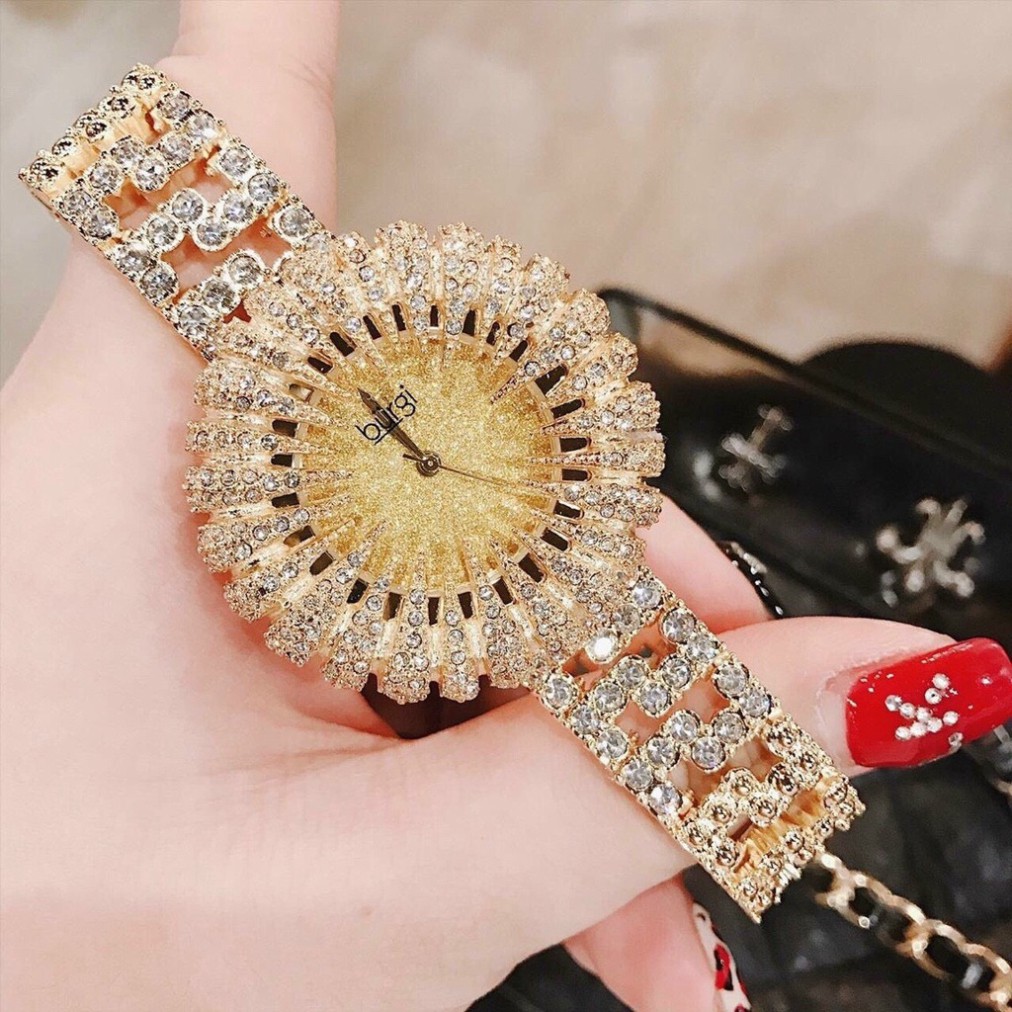 Đồng hồ nữ Burgi mâm xôi dây kim loại đính đá siêu sang chảnh