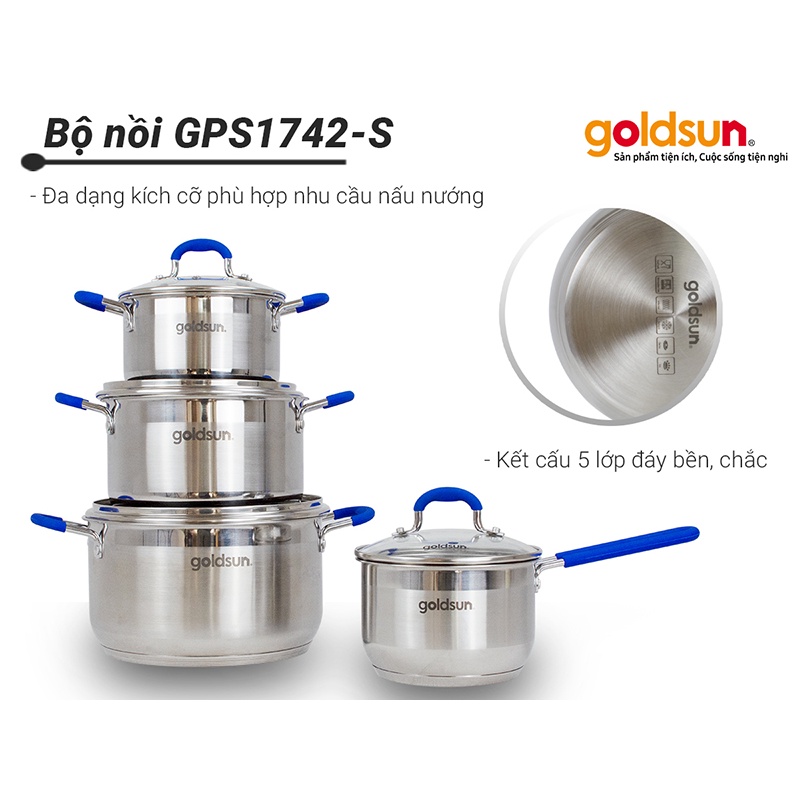 Bộ nồi inox goldsun GPS1742-S 5 đáy sử dụng được bếp từ vung kính chịu lực quay cầm bọc silicon