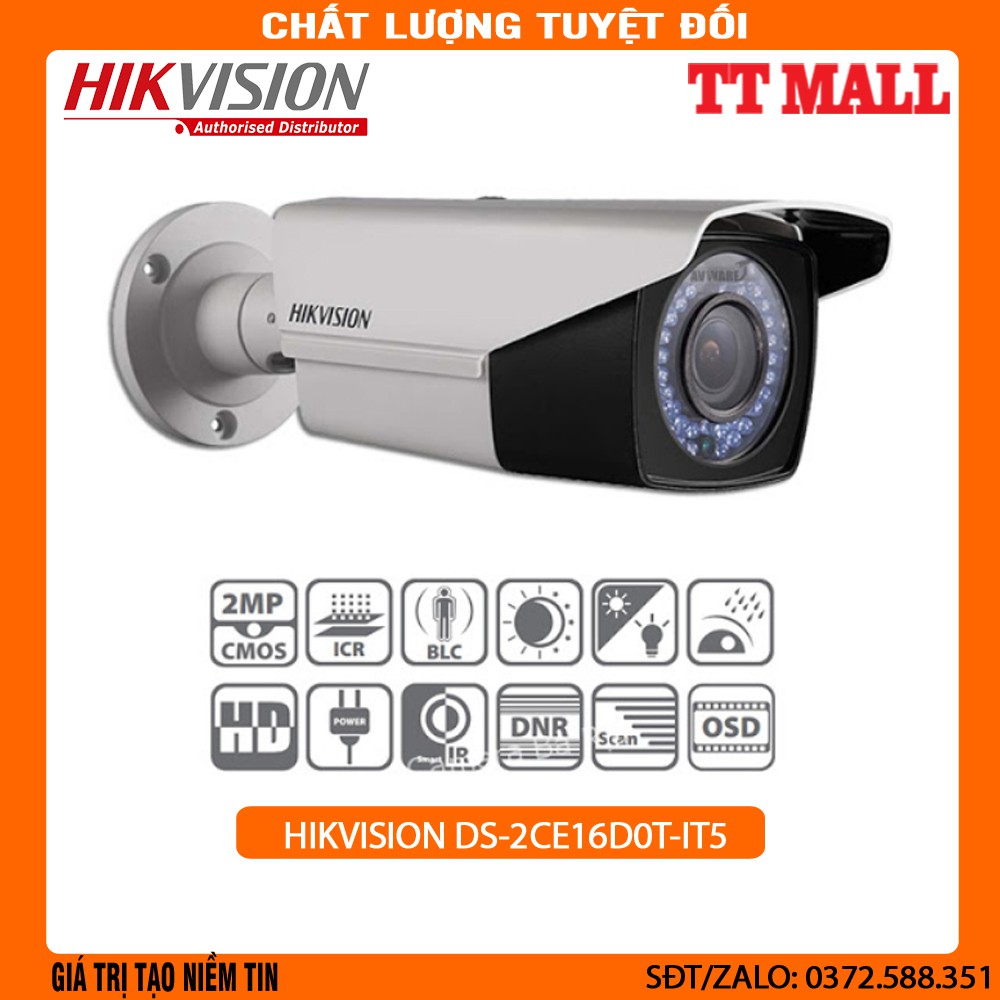 [Mã ELHAMS5 giảm 6% đơn 300K] CAMERA HDTVI THÂN HỒNG NGOẠI HIKVISION DS-2CE16D0T-IT5 (2.0MP)