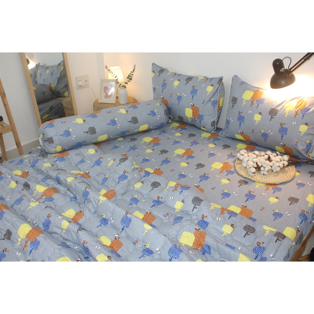Bộ drap gối KHA LY - cotton thiên nhiên - Gardens-Xám - VN295