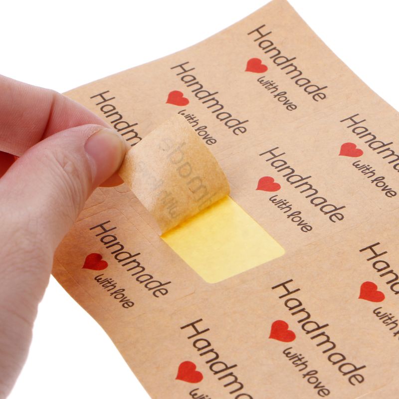 Bộ 12 Miếng Dán Giấy Kraft Tự Dính Hình Vuông 1.5 Inch In Chữ Handmade With Love