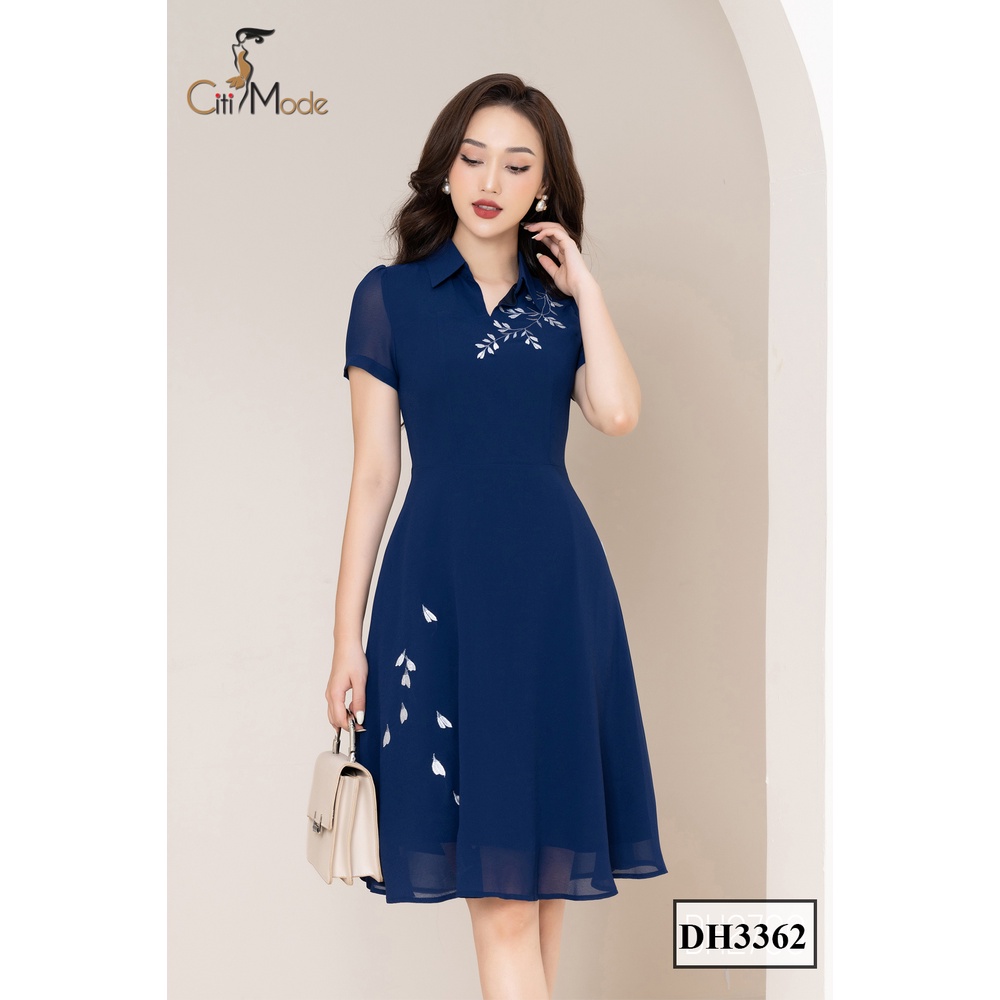 Đầm xòe voan xanh than công sở CITI MODE cổ sơ mi thêu hoa trắng DH3362