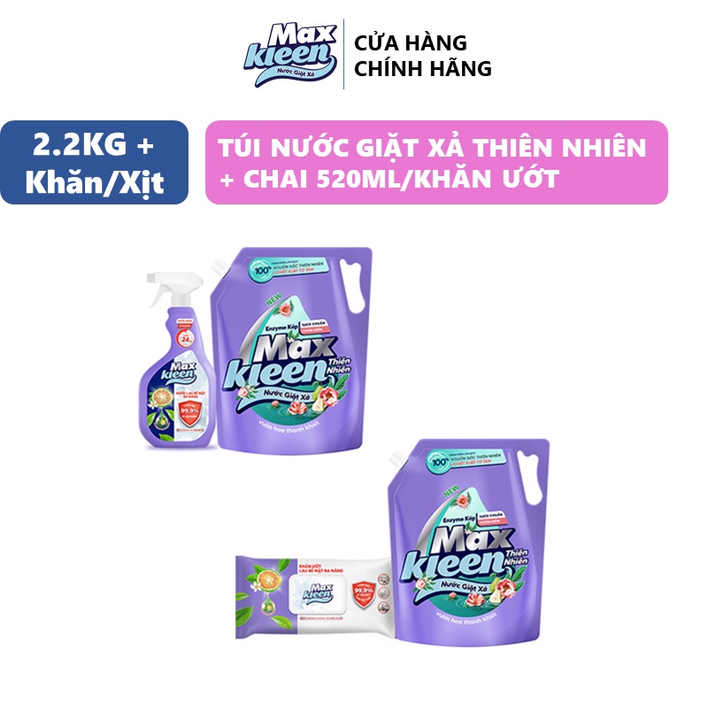 Combo Túi Nước Giặt Xả Maxkleen Thiên Nhiên 2.2kg + Combo Lau Đa Năng