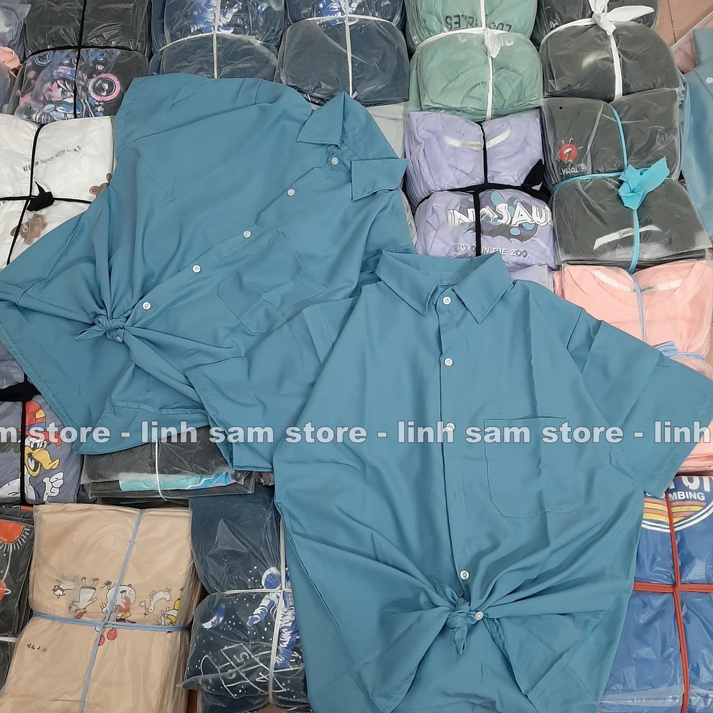 Áo sơ mi nữ cổ bẻ tay lỡ dáng ulzzang freesize form rộng unisex TRƠN MÀU XANH DƯƠNG | BigBuy360 - bigbuy360.vn